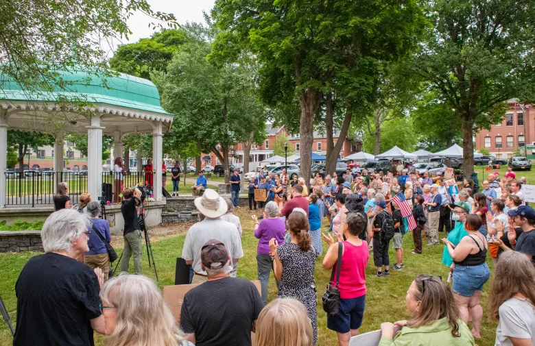 Crowd of people around a gazebo