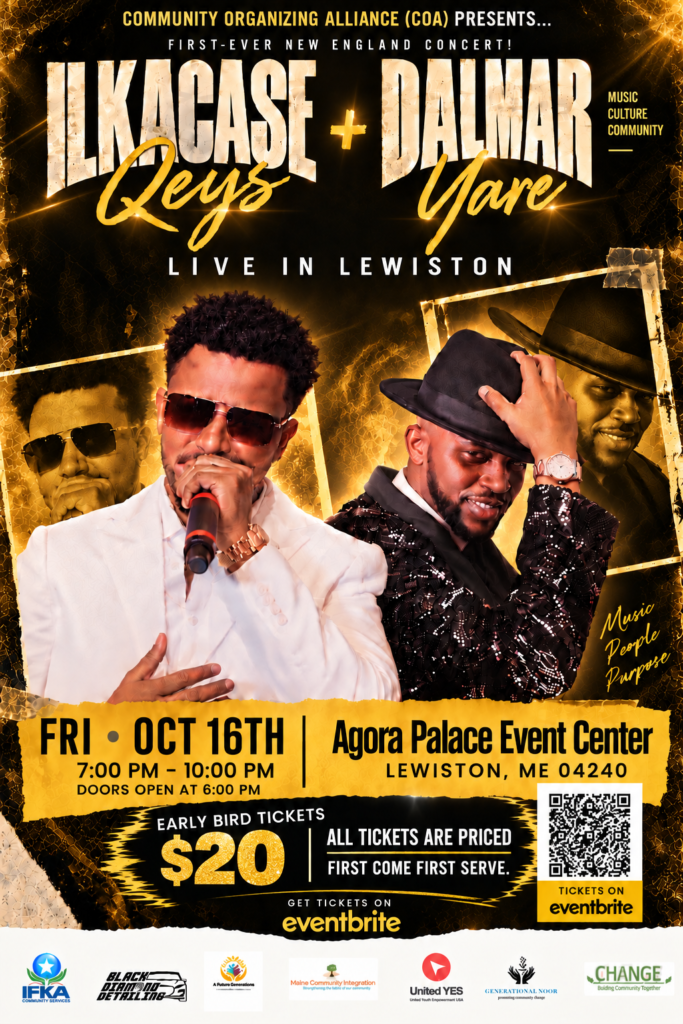 Two singers are featured next to one another, one is wearing sunglasses and singing into a microphone and the other is tipping his hat. Words describe an Ilkacase and Dalmar concert in Lewiston, with yellow accents